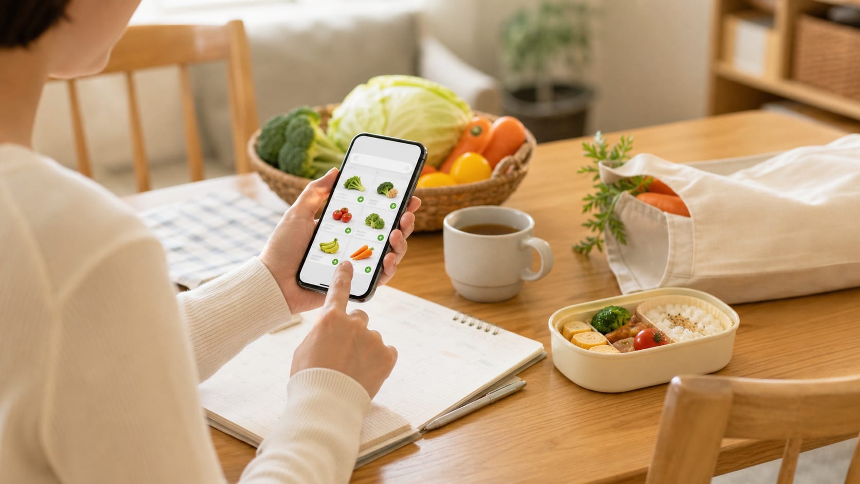 スマホで食材宅配を注文しながら子どもの献立を考える様子