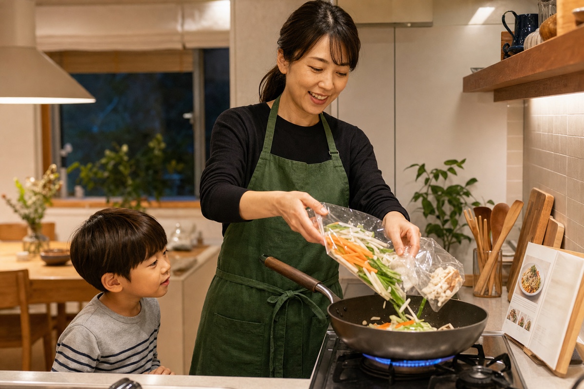 ミールキットを使って夕飯を時短調理する様子