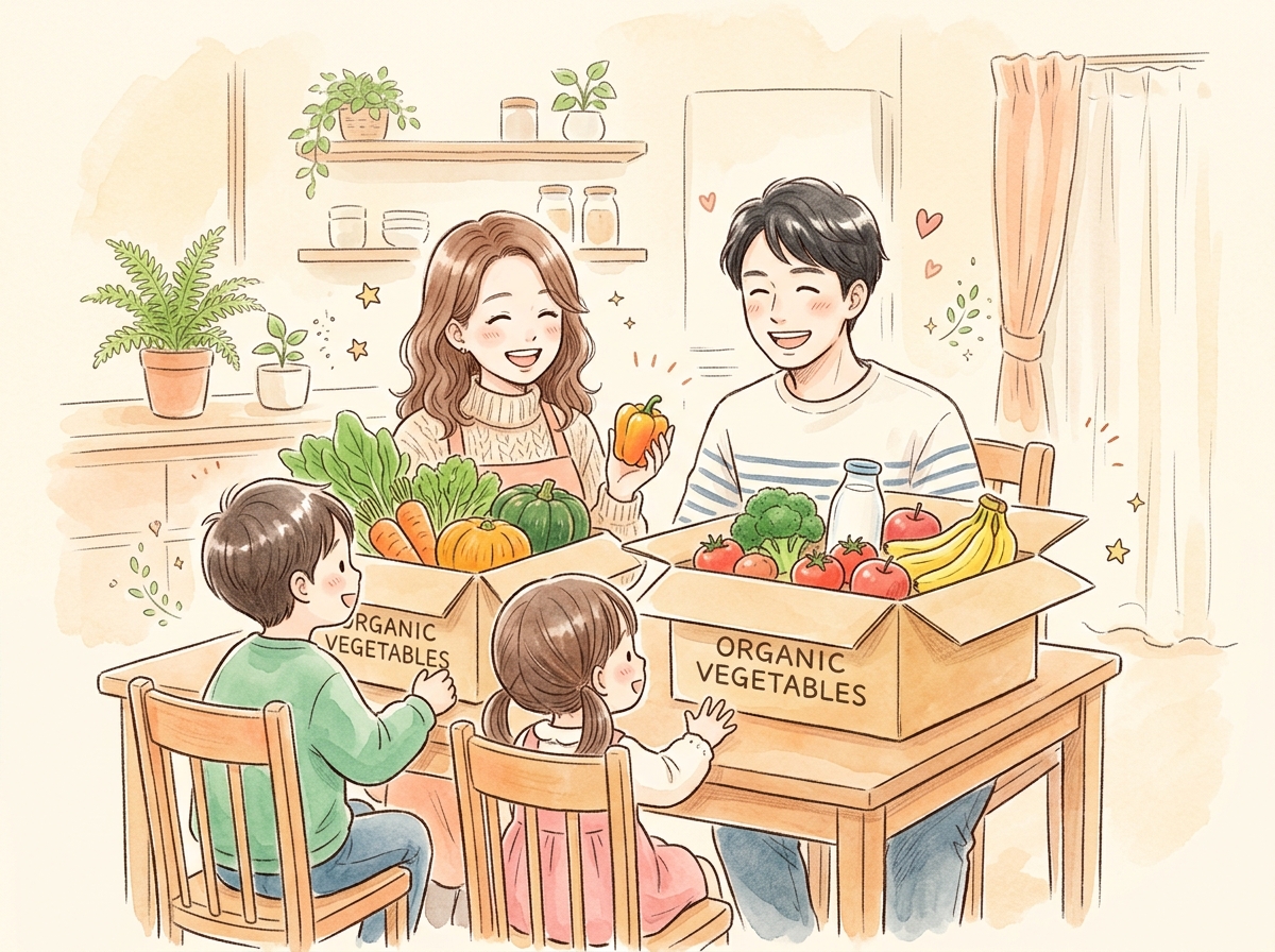 家族で生協の宅配を開けるシーン