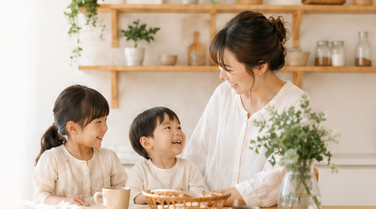 親子3人がキッチンで笑い合う様子