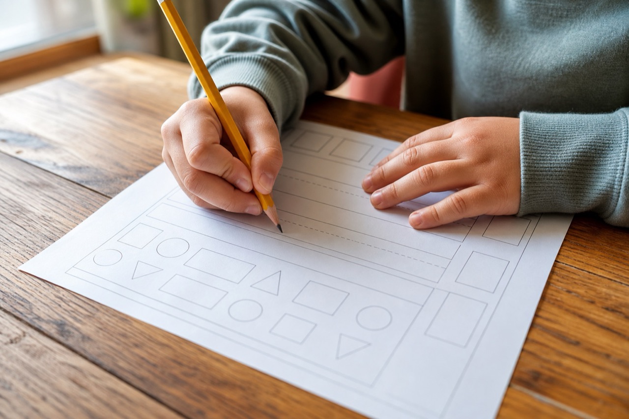 小学生が自宅でプリントの問題に取り組む様子