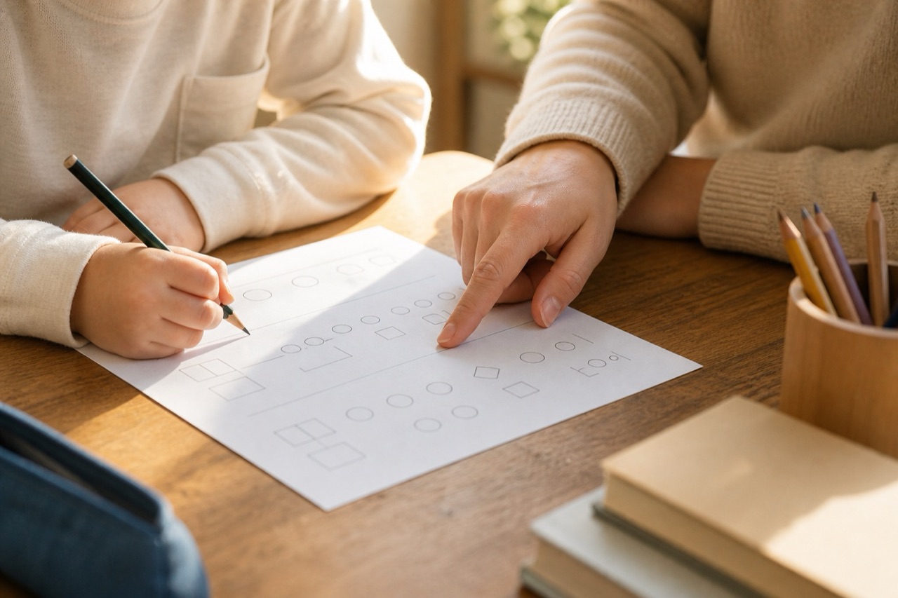 親が子どもの学習をサポートする様子