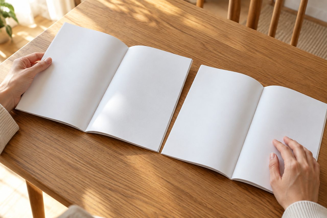 ダイニングテーブルで通信教育の案内冊子を読み比べる保護者の手元