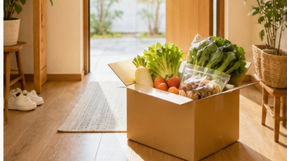 生協の食材宅配を親子で受け取っている様子