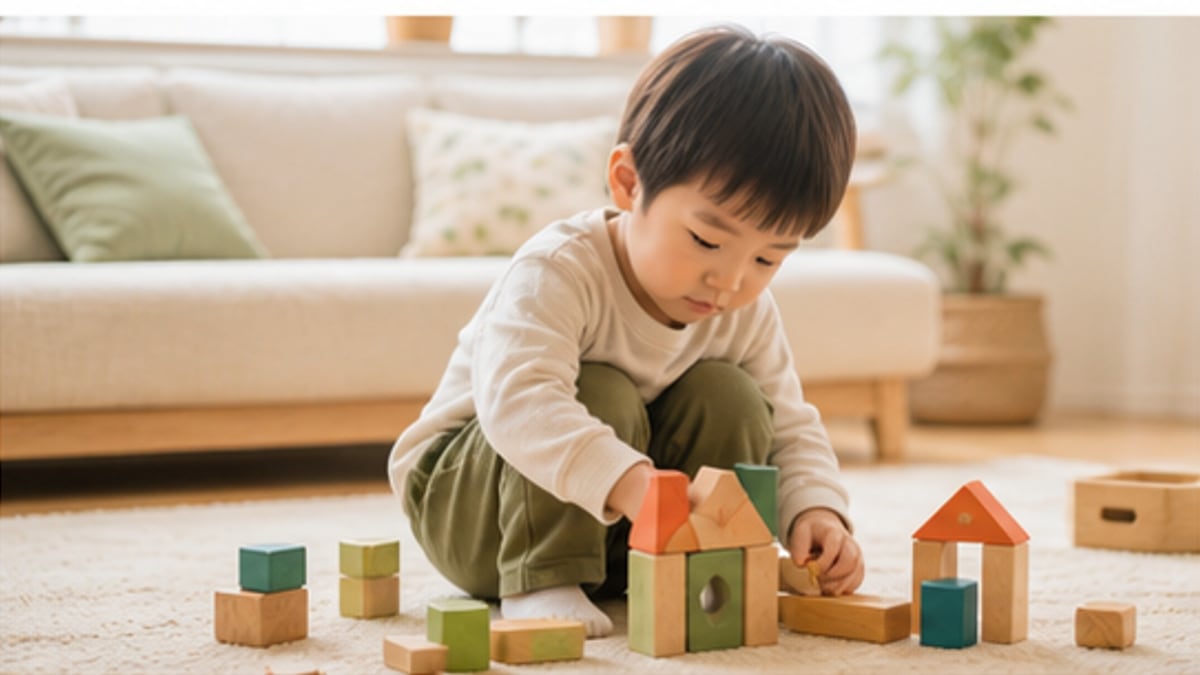 3歳の子どもが木のおもちゃで集中して遊ぶ様子
