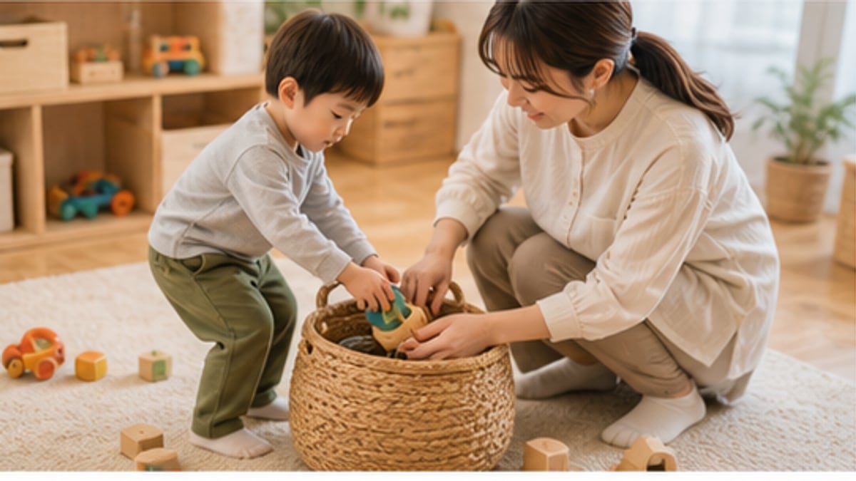 親子でおもちゃの見直しをする様子